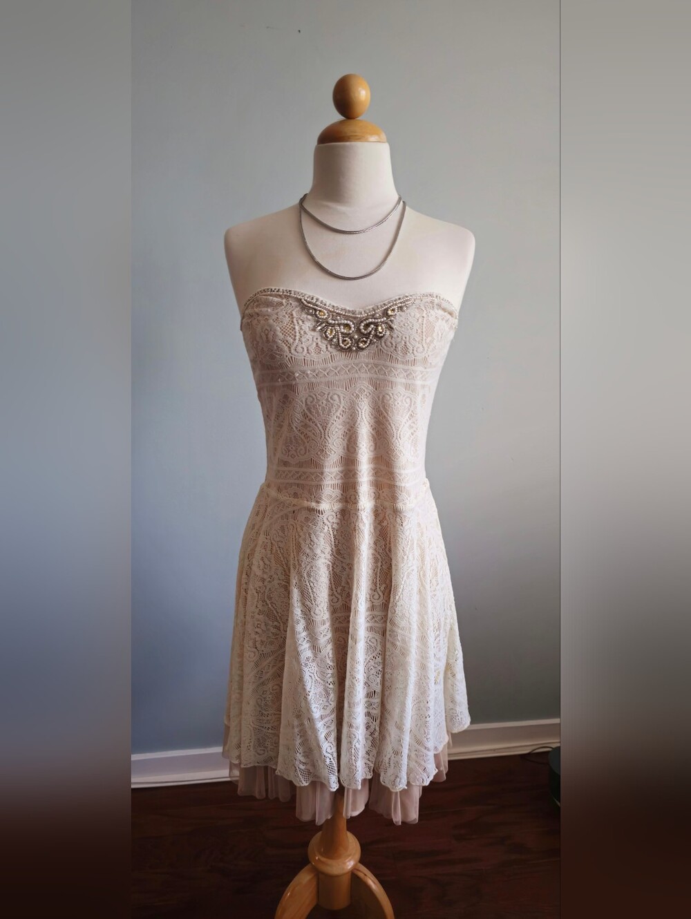 Free People Strapless Lace Skater Dress in Light Beige with Beaded Trim